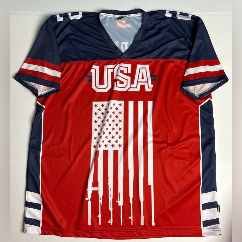 Greater Half USA Men’s 2XL Jersey Shirt 2nd Amendment Red White Blue Polyester